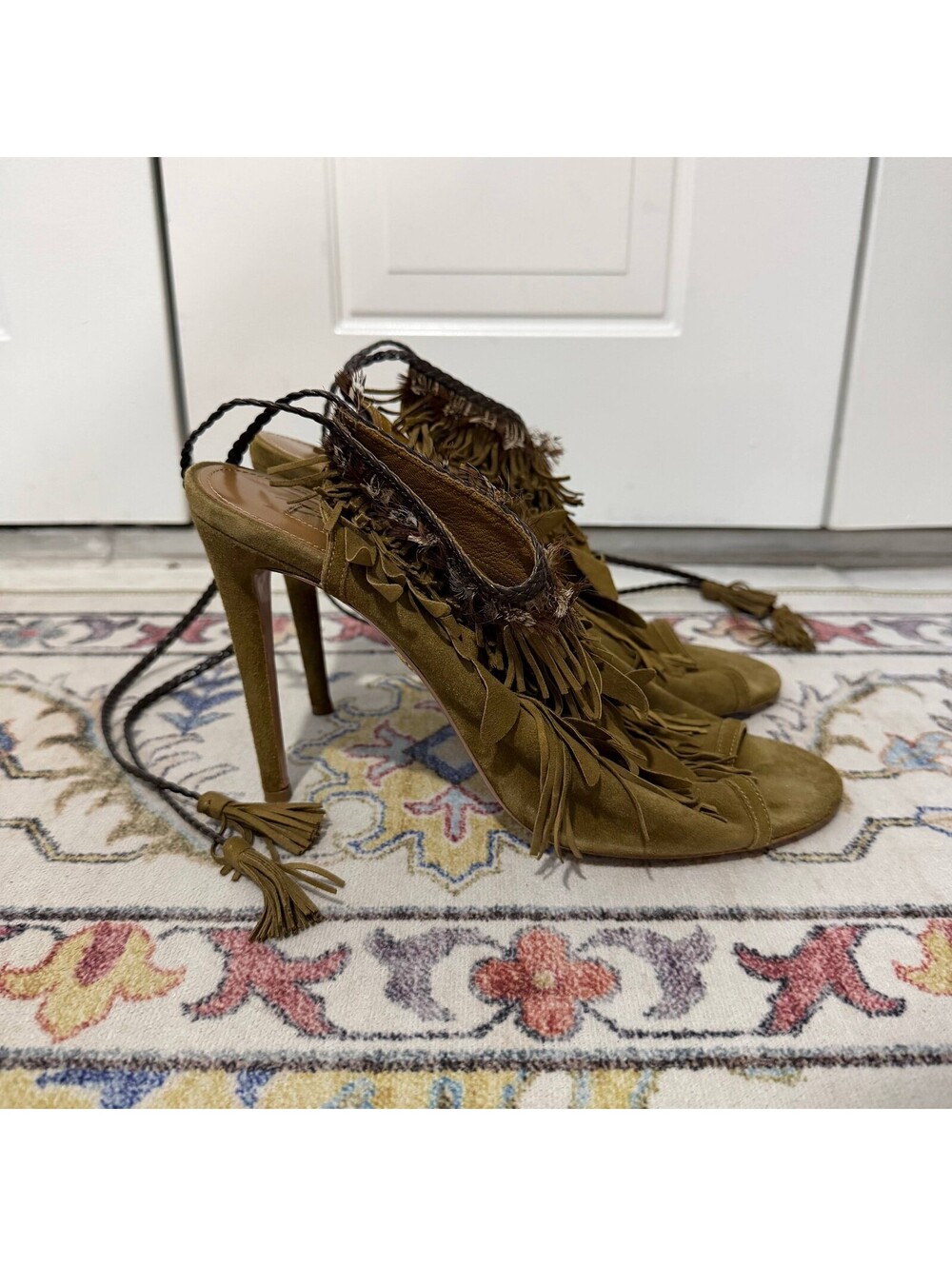 Aquazzura Gytane 85 Size 39.5 Suede Fringe Ankle Wrap Heeled Sandals Green - Picture 2 of 8